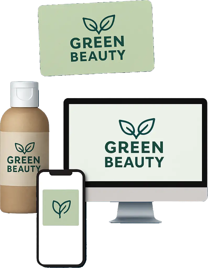 Green Beauty Logo auf Flasche, Smartphone, Computerbildschirm und Etikett