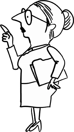Comicfigur einer Frau mit Brille und Dutt, die mit erhobenem Finger spricht