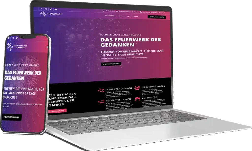 Website-Entwicklung für Feuerwerk der Gedanken – modernes Webdesign, responsive Darstellung auf Laptop und Smartphone