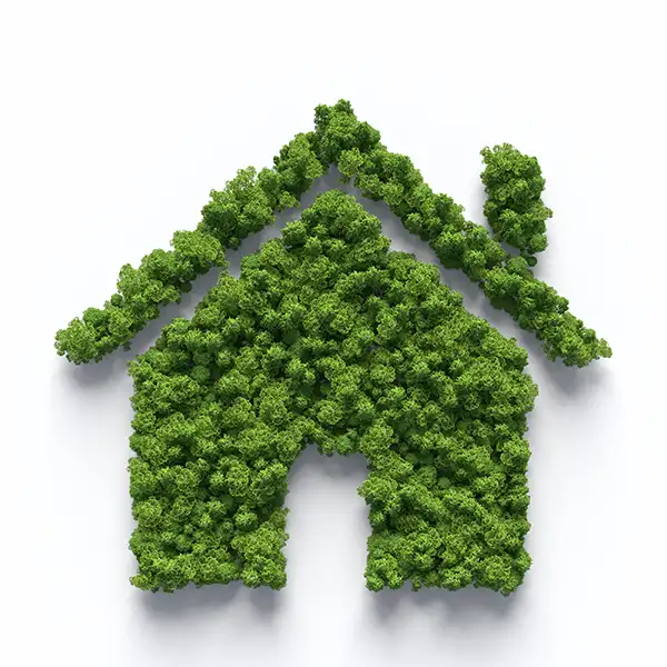 Grünes Haus-Symbol aus Moos – Symbol für nachhaltige 360°-Rundgänge und virtuelle Immobilienpräsentationen