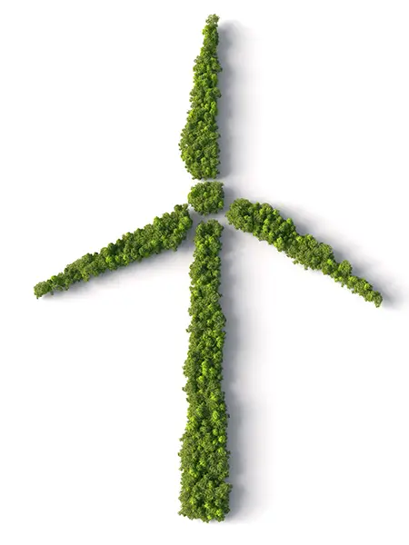 Windrad aus grünen Bäumen als Symbol für nachhaltiges Green Hosting
