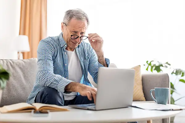 Älterer Mann sitzt auf dem Sofa und arbeitet konzentriert an einem Laptop - Barrierefreiheit im Alter