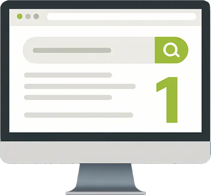 Illustration einer Website auf einem Computerbildschirm mit grüner Nummer 1 – Symbol für Google-Ranking-Erfolg