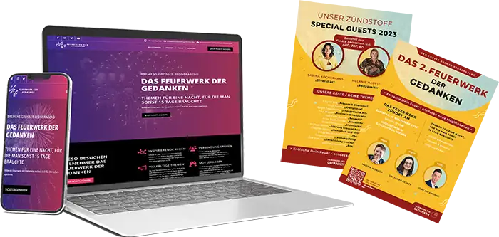 Laptop, Smartphone und Flyer mit dem Projekt ‚Das Feuerwerk der Gedanken‘ – Eventdesign und digitale Präsentation