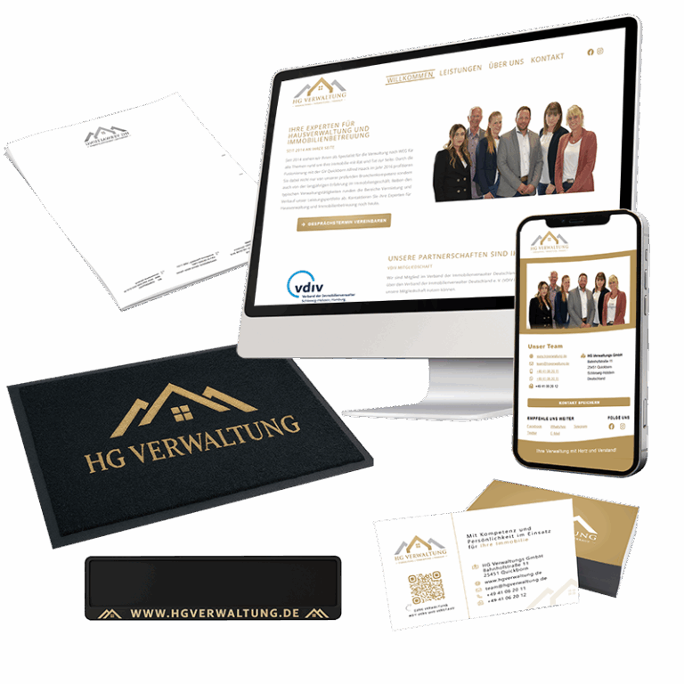 Print- und Digitaldesign für HG Verwaltungs GmbH – Visitenkarten, Geschäftspapiere, Fußmatte, Kennzeichenhalter und Website im einheitlichen Corporate Design