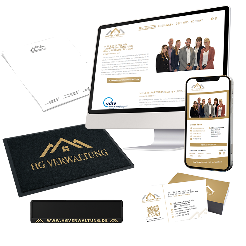 Print- und Digitaldesign für HG Verwaltungs GmbH – Visitenkarten, Geschäftspapiere, Fußmatte, Kennzeichenhalter und Website im einheitlichen Corporate Design
