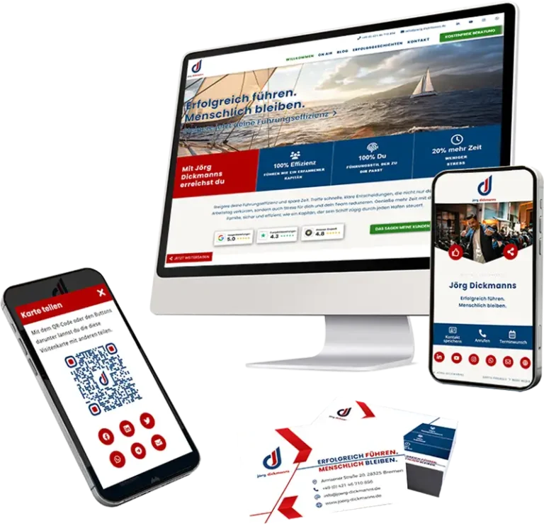 Coaching-Website von Jörg Dickmanns auf Desktop, digitale Visitenkarte als Webprofil mit QR-Code zum Teilen auf Smartphone sowie klassische Print-Visitenkarten im Corporate Design