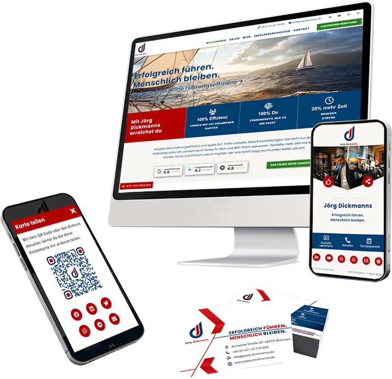 Coaching-Website von Jörg Dickmanns auf Desktop, digitale Visitenkarte als Webprofil mit QR-Code zum Teilen auf Smartphone sowie klassische Print-Visitenkarten im Corporate Design