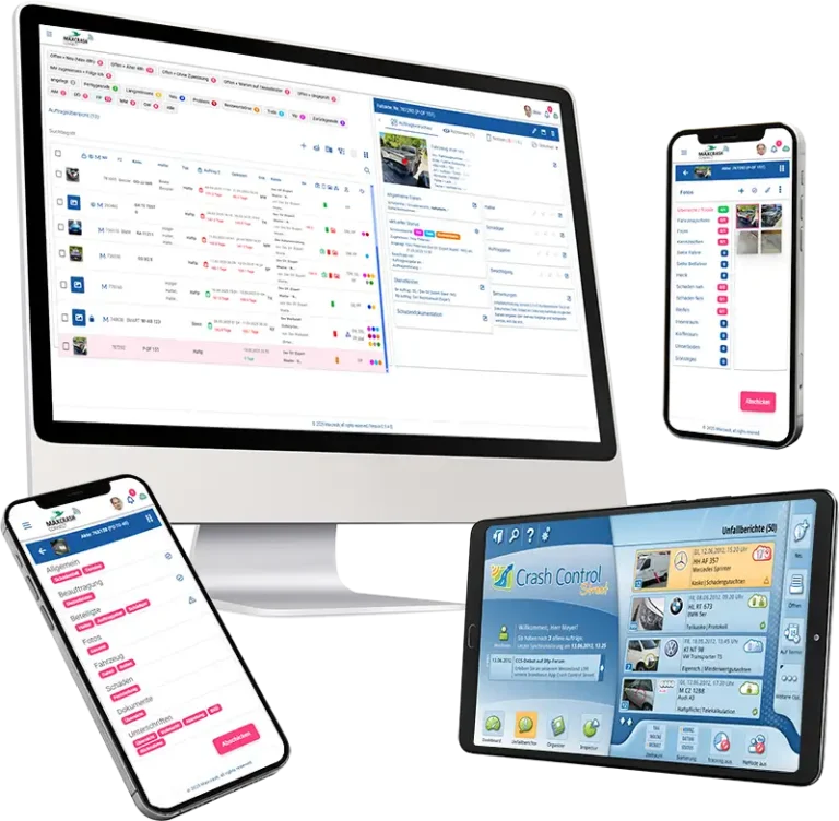 Darstellung der Maxcrash Anwendungen: Monitor mit webbasierter Dispositionsplattform, Smartphones mit mobiler Schadenaufnahme-App und Tablet mit Crash Control Oberfläche.