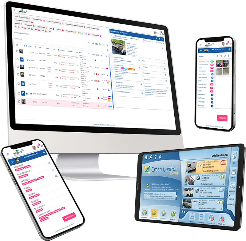 Darstellung der Maxcrash Anwendungen: Monitor mit webbasierter Dispositionsplattform, Smartphones mit mobiler Schadenaufnahme-App und Tablet mit Crash Control Oberfläche.