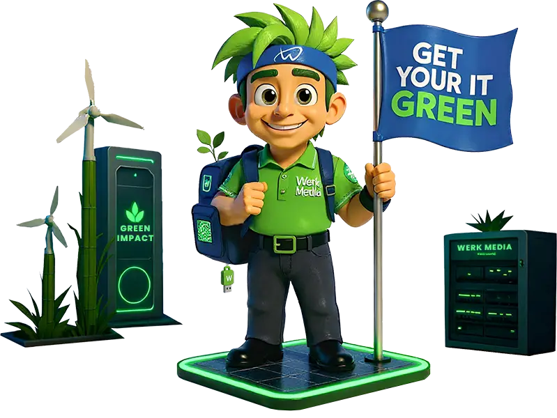 Green Detlef mit Werk Media Flagge – Get Your IT Green - Symbol für eine nachhaltige Digitalagentur
