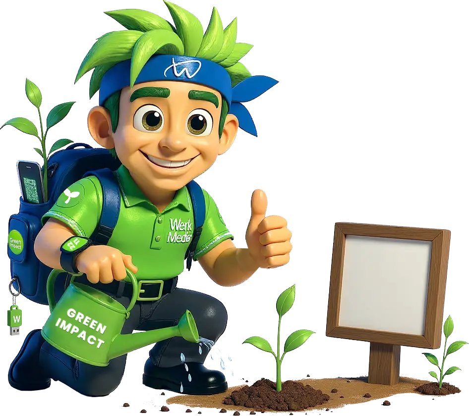 Green Detlef gießt Green Impact Pflanzen – Werk Media Maskottchen