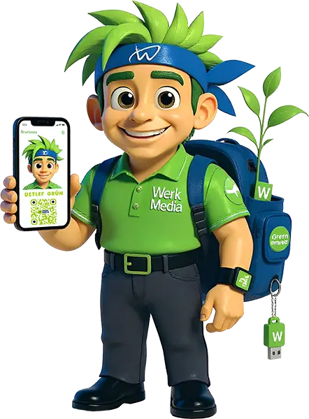Green Detlef mit Smartphone und Werk Media Rucksack